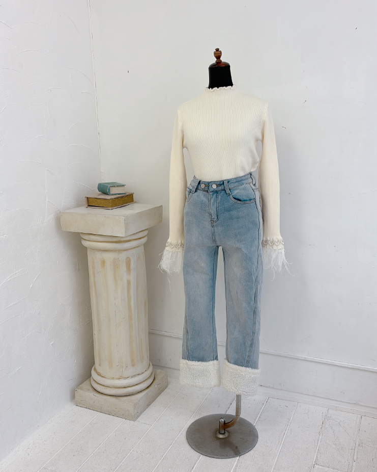 袖フェザー裏起毛リブニット