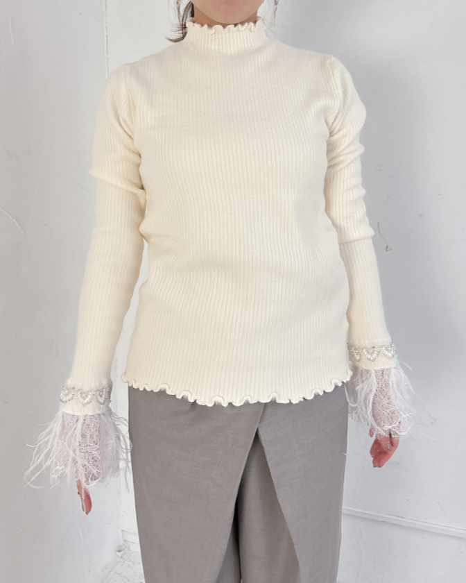 袖フェザー裏起毛リブニット