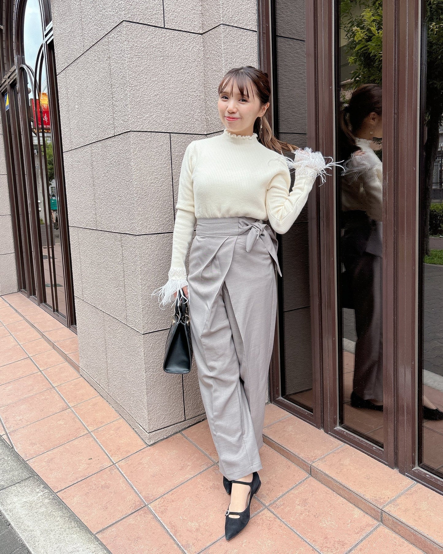 袖フェザー裏起毛リブニット