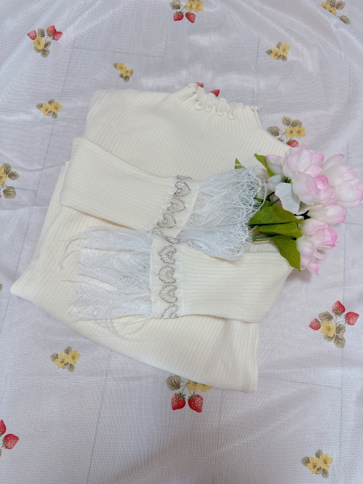 袖フェザー裏起毛リブニット